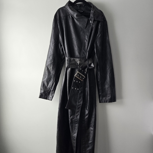 PrettyLittleThing Women's Long Faux Leather Textured Black Trench Coat 14 - Picture 5 of 16